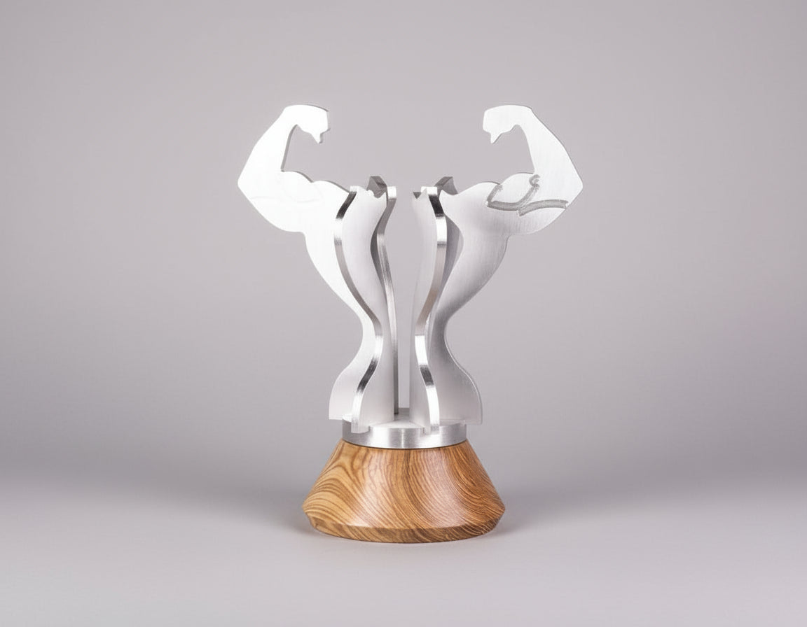 Decorative item with muscular arm design on a wooden base against a black background